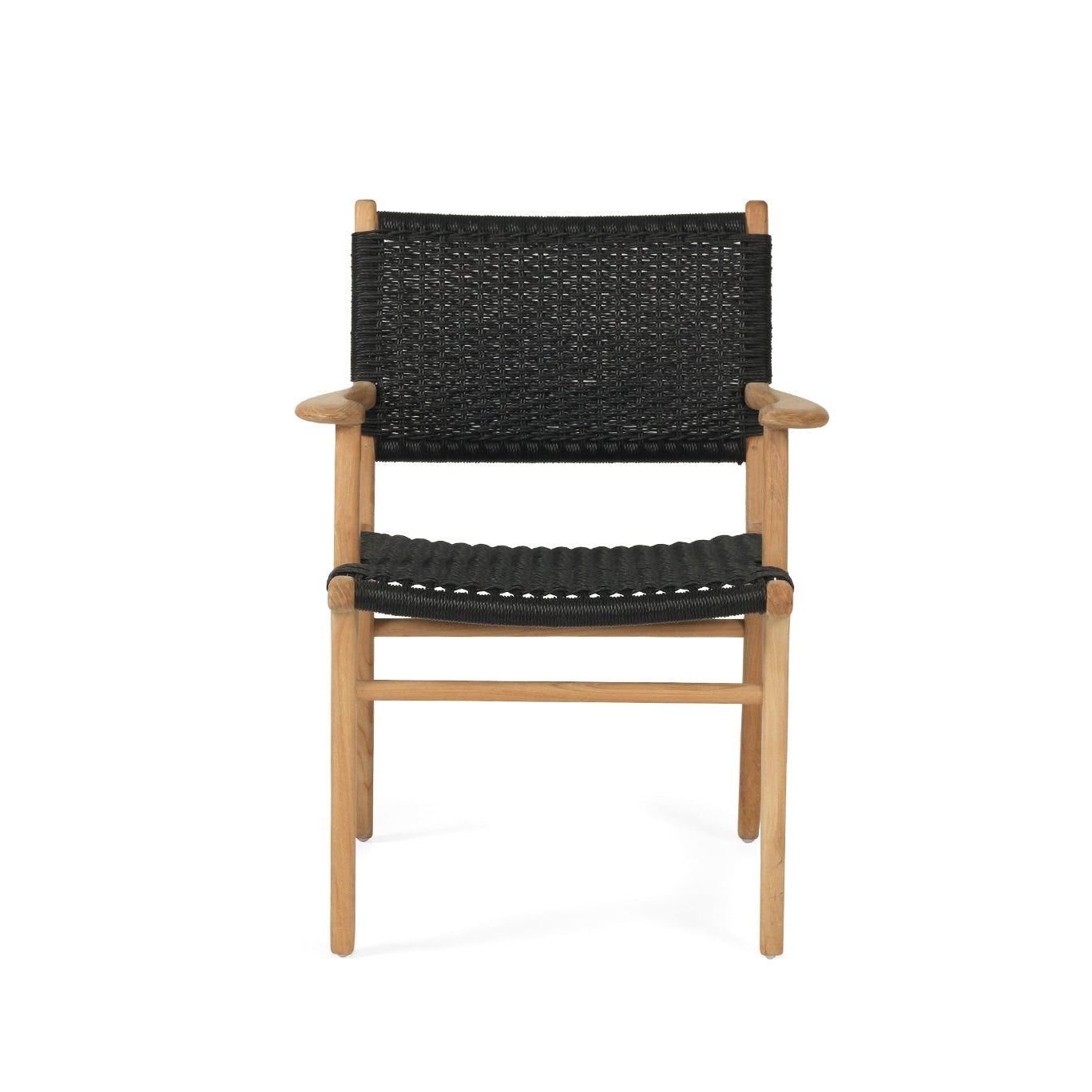Cable Beach outdoor dining armchair in black with solid teak frame and close weave Viro cord seat