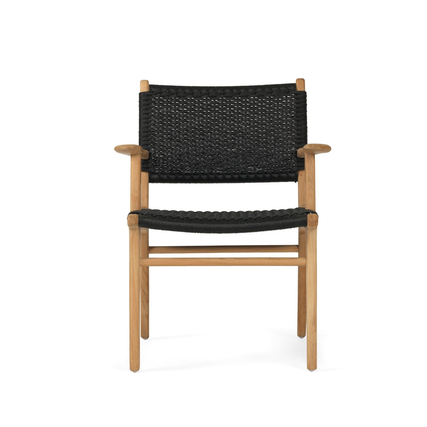 Cable Beach outdoor dining armchair in black with solid teak frame and close weave Viro cord seat-front tilt