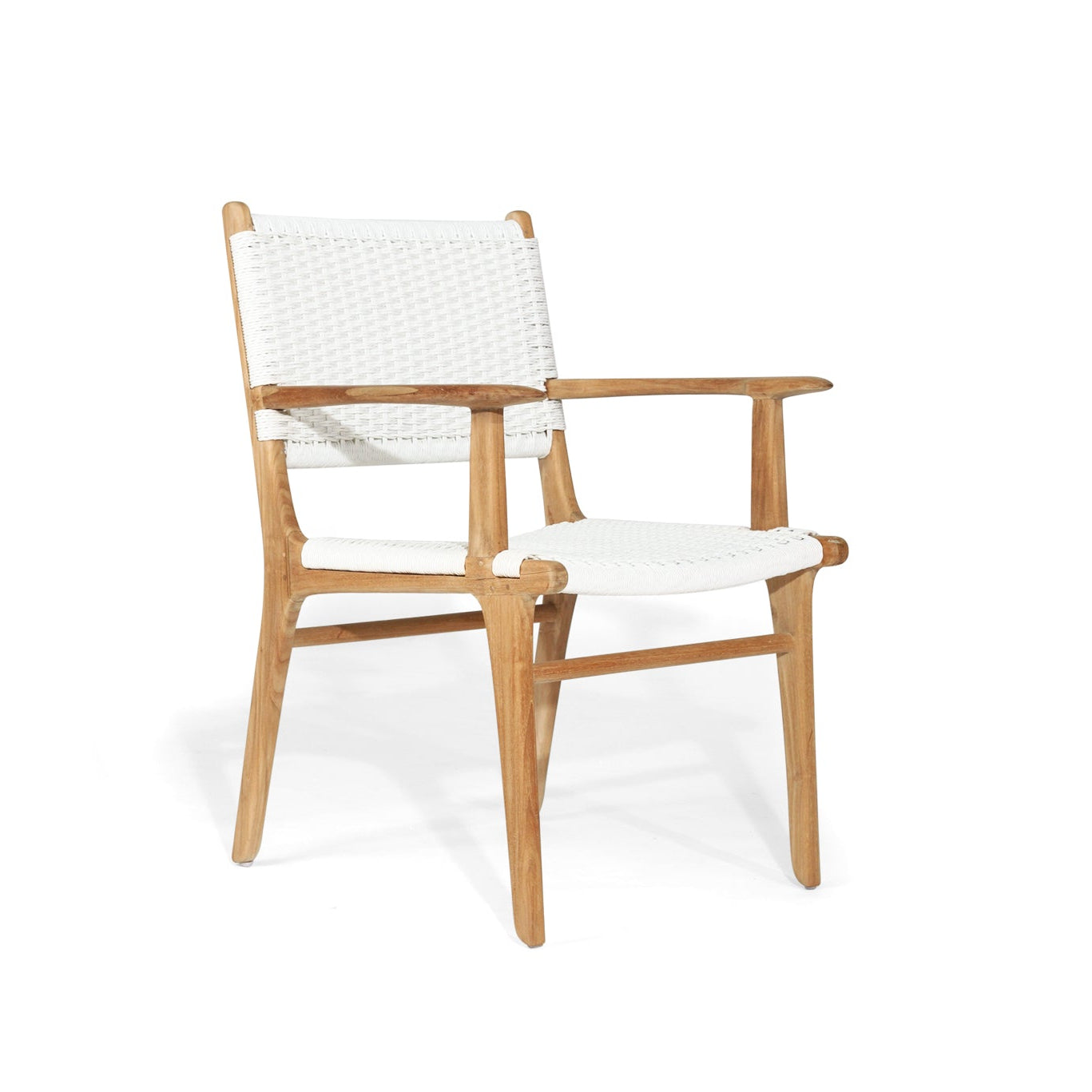 Cable Beach close weave outdoor dining armchair with white Viro cord and natural teak frame