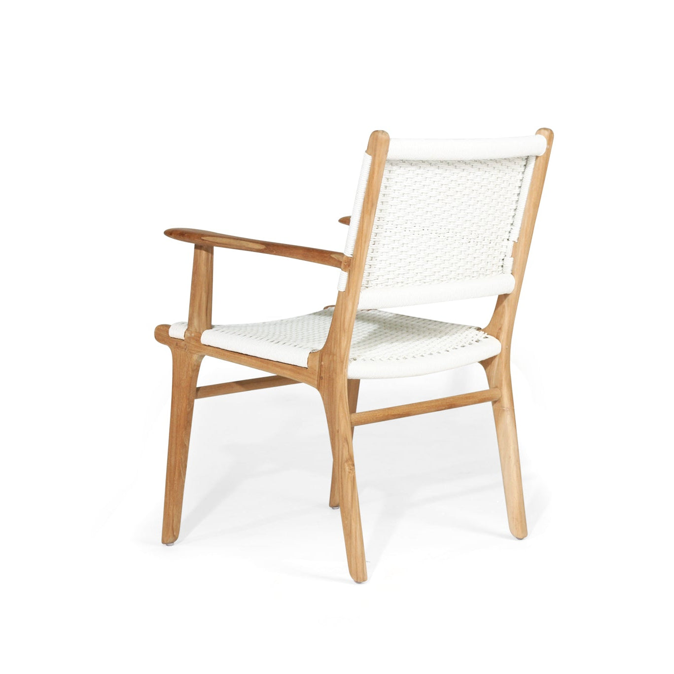 Cable Beach close weave outdoor dining armchair with white Viro cord and natural teak frame-back angle
