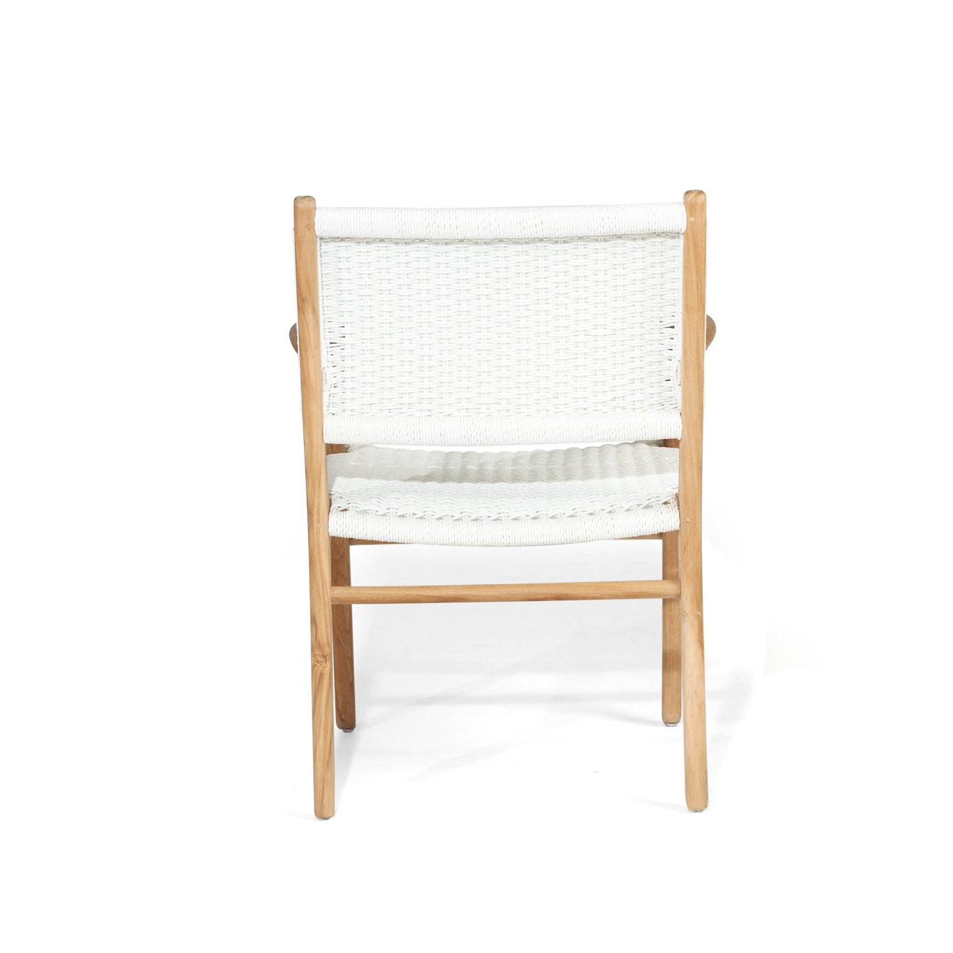 Back view of Cable Beach close weave outdoor dining armchair with white Viro cord and natural teak frame