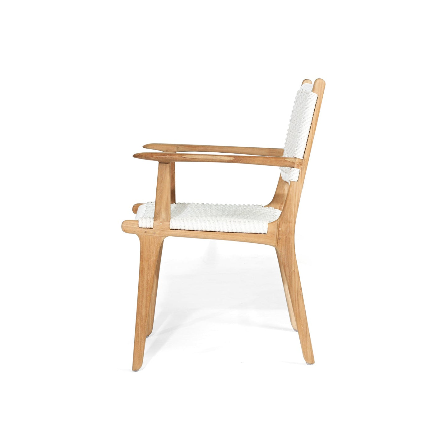 Side profile of Cable Beach teak outdoor dining armchair with integrated armrests