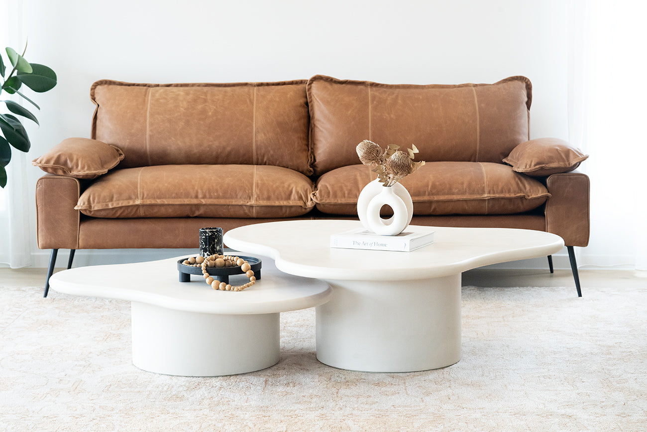 Costa Organic Coffee Table styled in a contemporary coastal Australian living room.