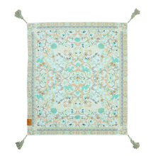 Load image into Gallery viewer, Beautifully designed Wandering Folk Crystal Forest picnic rug in shades of turqoise and blue with a mix of soft colours, Magnolia Lane