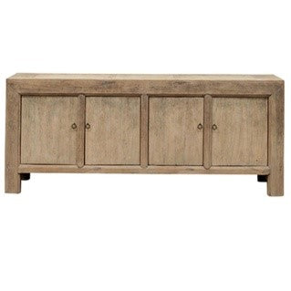 Four-door sideboard made from reclaimed timber with antique brass handles, rustic coastal style