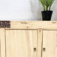 Load image into Gallery viewer, Four-door sideboard made from reclaimed timber with antique brass handles, rustic coastal style. Close up perspective.