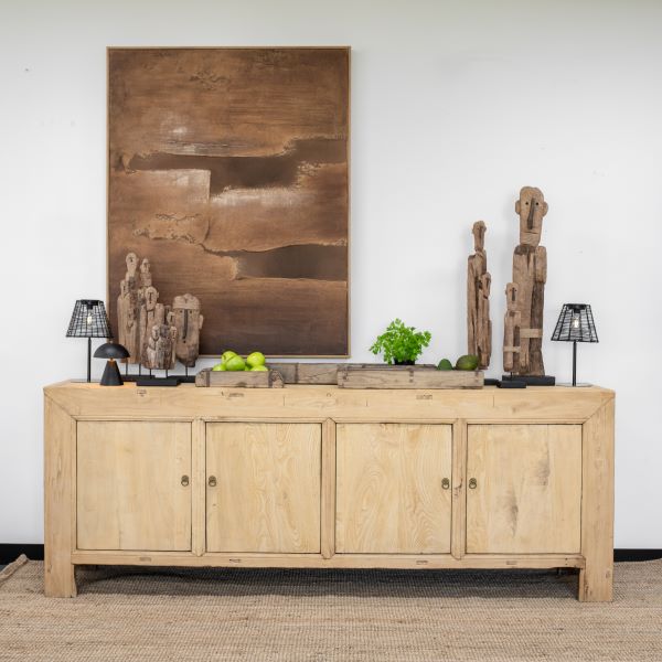 Four-door sideboard made from reclaimed timber with antique brass handles, rustic coastal style. Magnolia Lane