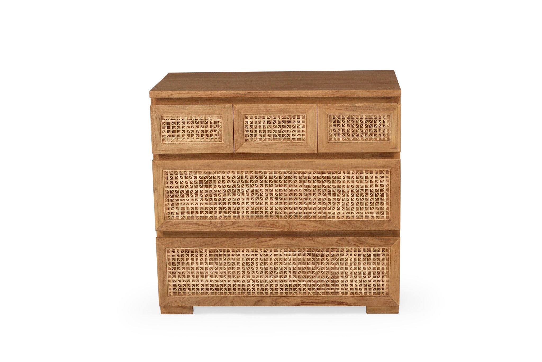 Five Drawer Rattan Chest of Drawers crafted from sustainable teak with finely sanded finish – durable and stylish storage for modern bedrooms. Front perspective