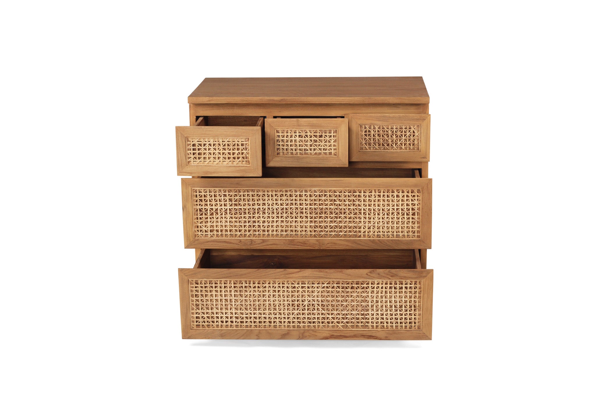 Five Drawer Rattan Chest of Drawers crafted from sustainable teak with finely sanded finish – durable and stylish storage for modern bedrooms. Draws out