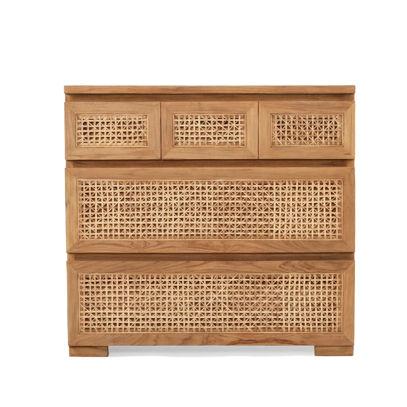 Five Drawer Rattan Chest of Drawers crafted from sustainable teak with finely sanded finish – durable and stylish storage for modern bedrooms