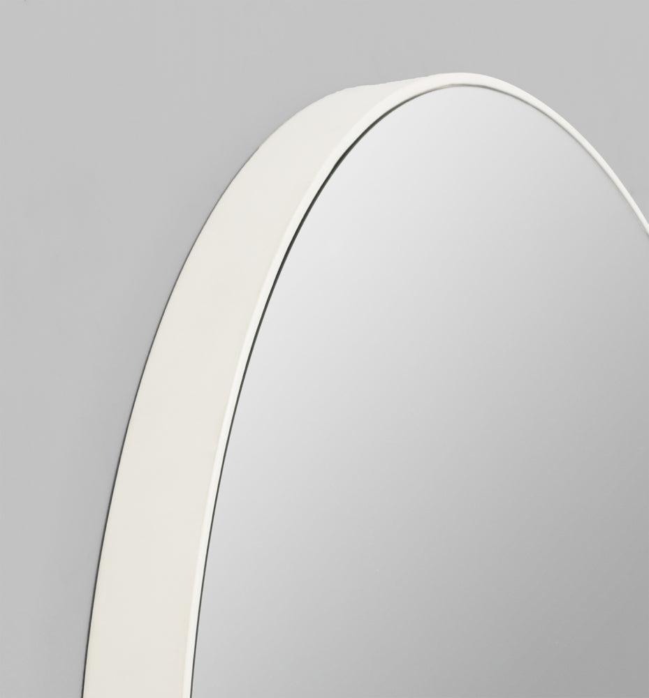Flynn Round White Mirror – modern minimalist wooden mirror with soft matte white finish, available in multiple sizes, ideal for contemporary interiors-frame detail