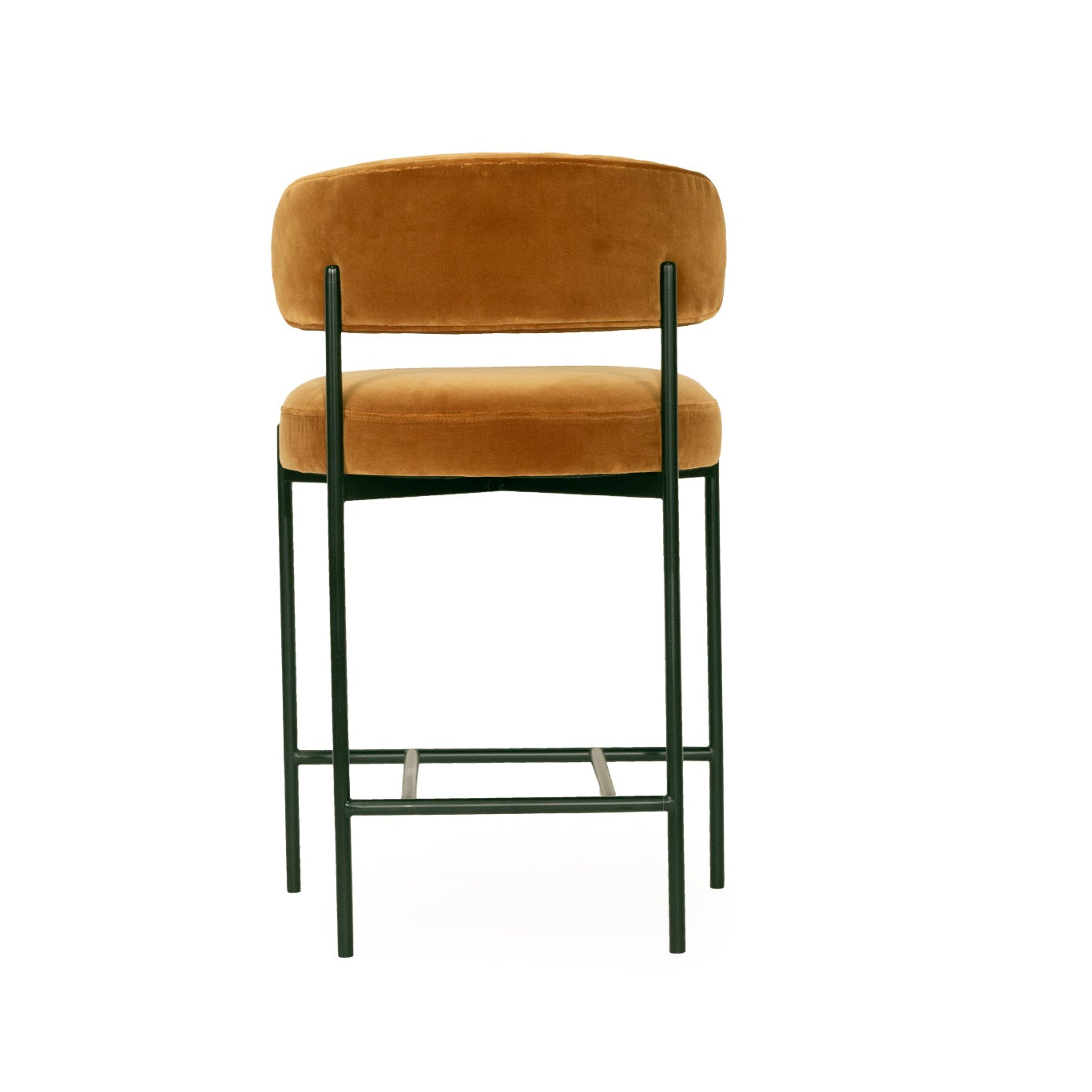 Fontaine Counter Stool with half-moon curved back and metal legs, upholstered in performance velvet in amber, modern Art Deco inspired counter stool for elegant interiors. Back perspective.
