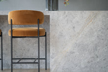 Load image into Gallery viewer, Fontaine Counter Stool with half-moon curved back and metal legs, upholstered in performance velvet in amber, modern Art Deco inspired counter stool for elegant interiors.  Modern kitchen counter stool.