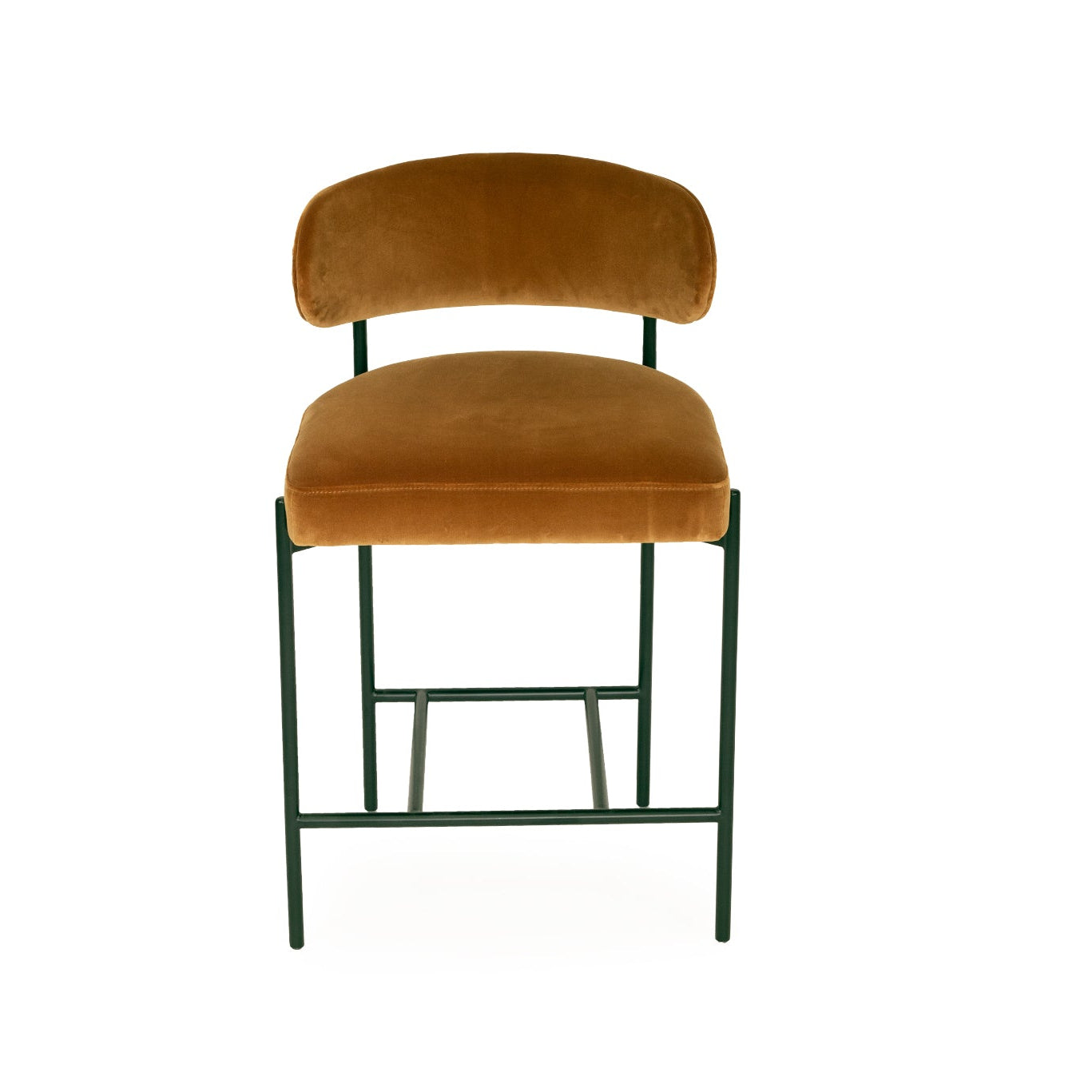 Fontaine Counter Stool with half-moon curved back and metal legs, upholstered in performance velvet in amber, modern Art Deco inspired counter stool for elegant interiors.  Front perspective.