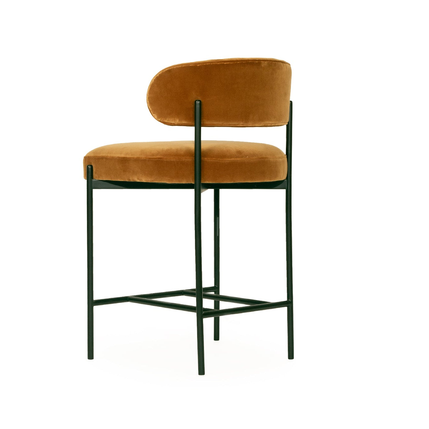 Fontaine Counter Stool with half-moon curved back and metal legs, upholstered in performance velvet in amber, modern Art Deco inspired counter stool for elegant interiors.  Side view.