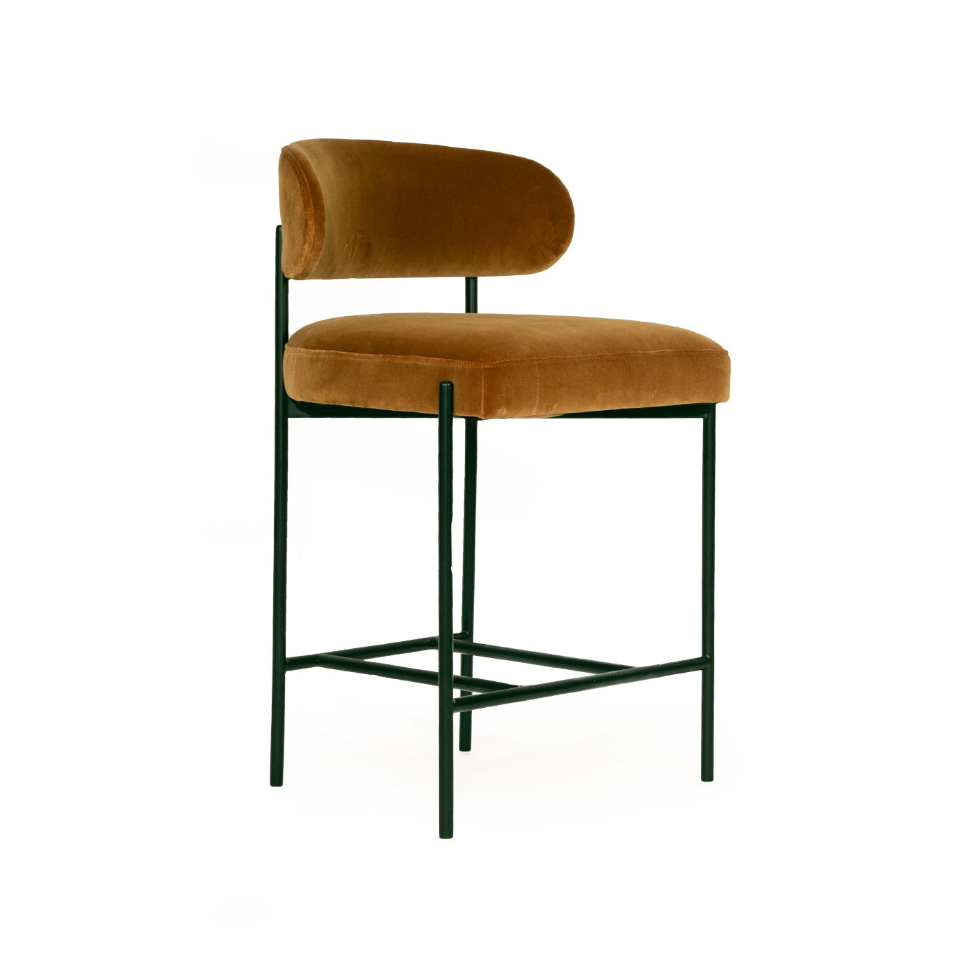 Fontaine Counter Stool with half-moon curved back and metal legs, upholstered in performance velvet in amber, modern Art Deco inspired counter stool for elegant interiors.