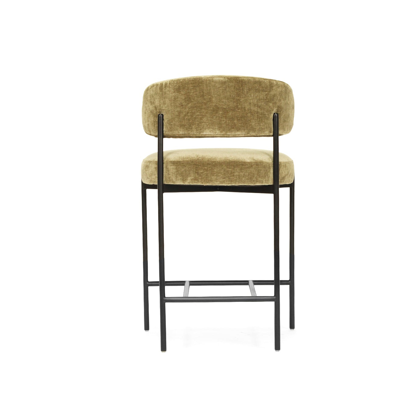 Fontaine Counter Stool with half-moon curved back and metal legs, upholstered in performance velvet in ivy, modern Art Deco inspired counter stool for elegant interiors.  Back perspective.