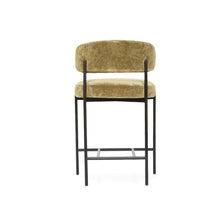 Load image into Gallery viewer, Fontaine Counter Stool with half-moon curved back and metal legs, upholstered in performance velvet in ivy, modern Art Deco inspired counter stool for elegant interiors.  Back perspective.