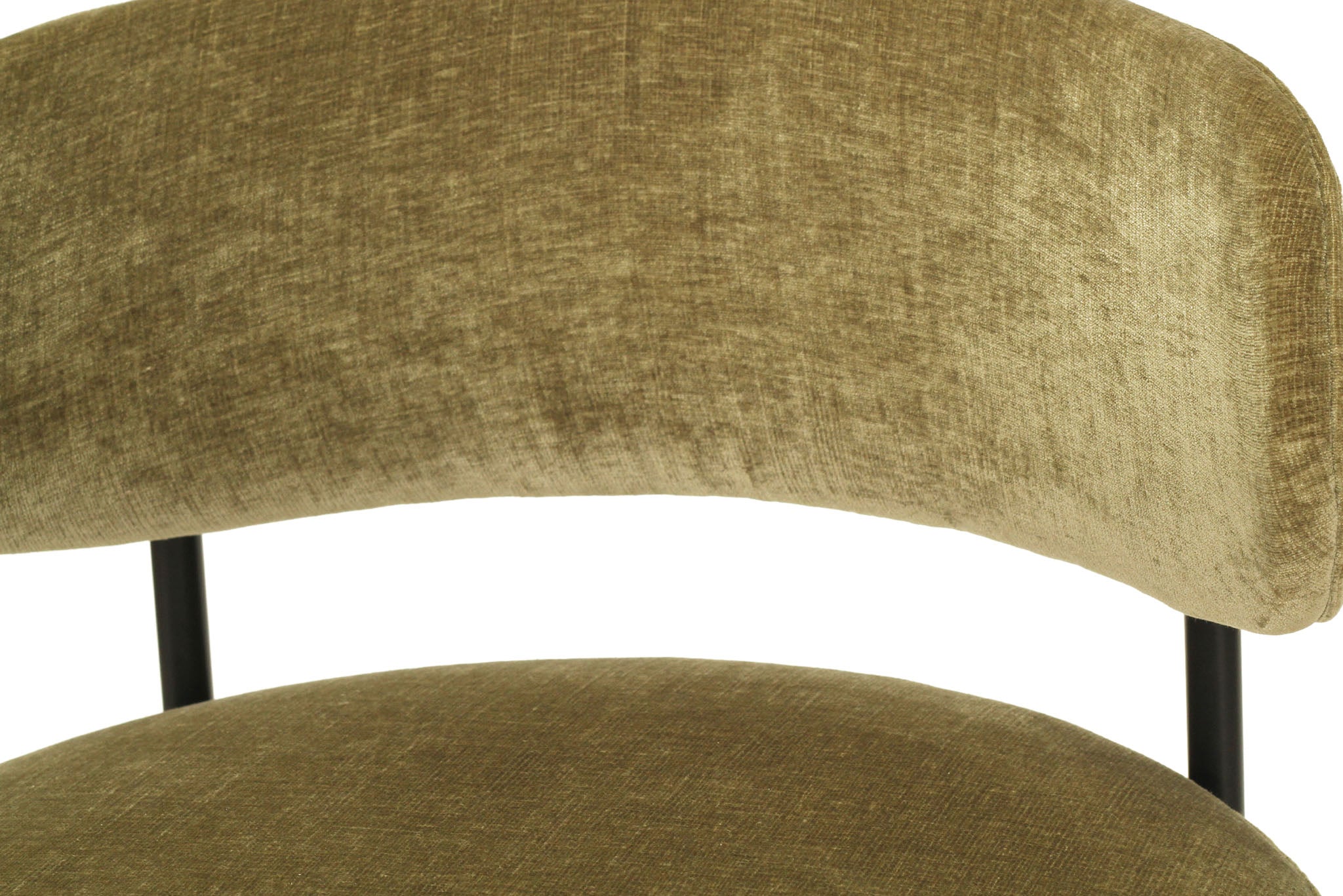 Fontaine Counter Stool with half-moon curved back and metal legs, upholstered in performance velvet in ivy, modern Art Deco inspired counter stool for elegant interiors.  Close up of back rest.