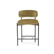 Load image into Gallery viewer, Fontaine Counter Stool with half-moon curved back and metal legs, upholstered in performance velvet in ivy, modern Art Deco inspired counter stool for elegant interiors. Front perspective.