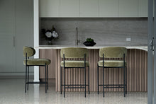 Load image into Gallery viewer, Fontaine Counter Stool with half-moon curved back and metal legs, upholstered in performance velvet in ivy, modern Art Deco inspired counter stool for elegant interiors.  Modern kitchen living.