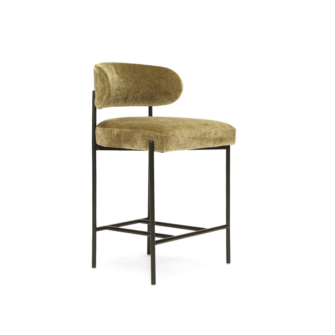 Fontaine Counter Stool with half-moon curved back and metal legs, upholstered in performance velvet in ivy, modern Art Deco inspired counter stool for elegant interiors.