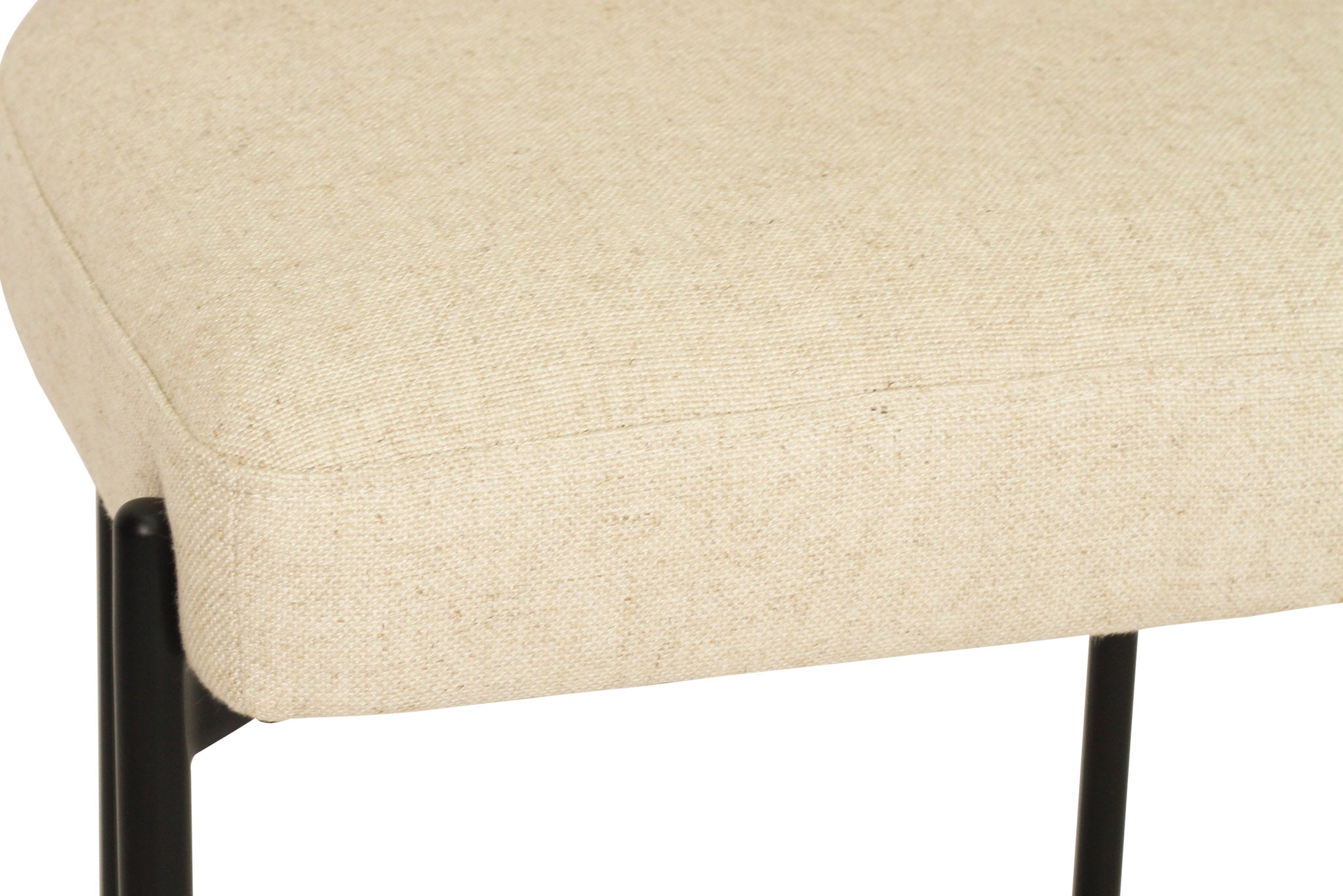 Fontaine Counter Stool with half-moon curved back and metal legs, upholstered in performance linen, modern Art Deco inspired counter stool for elegant interiors.  Close up seat.