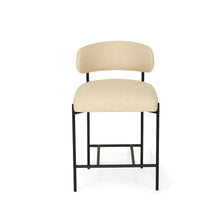 Load image into Gallery viewer, Fontaine Counter Stool with half-moon curved back and metal legs, upholstered in performance linen, modern Art Deco inspired counter stool for elegant interiors.  Front view.