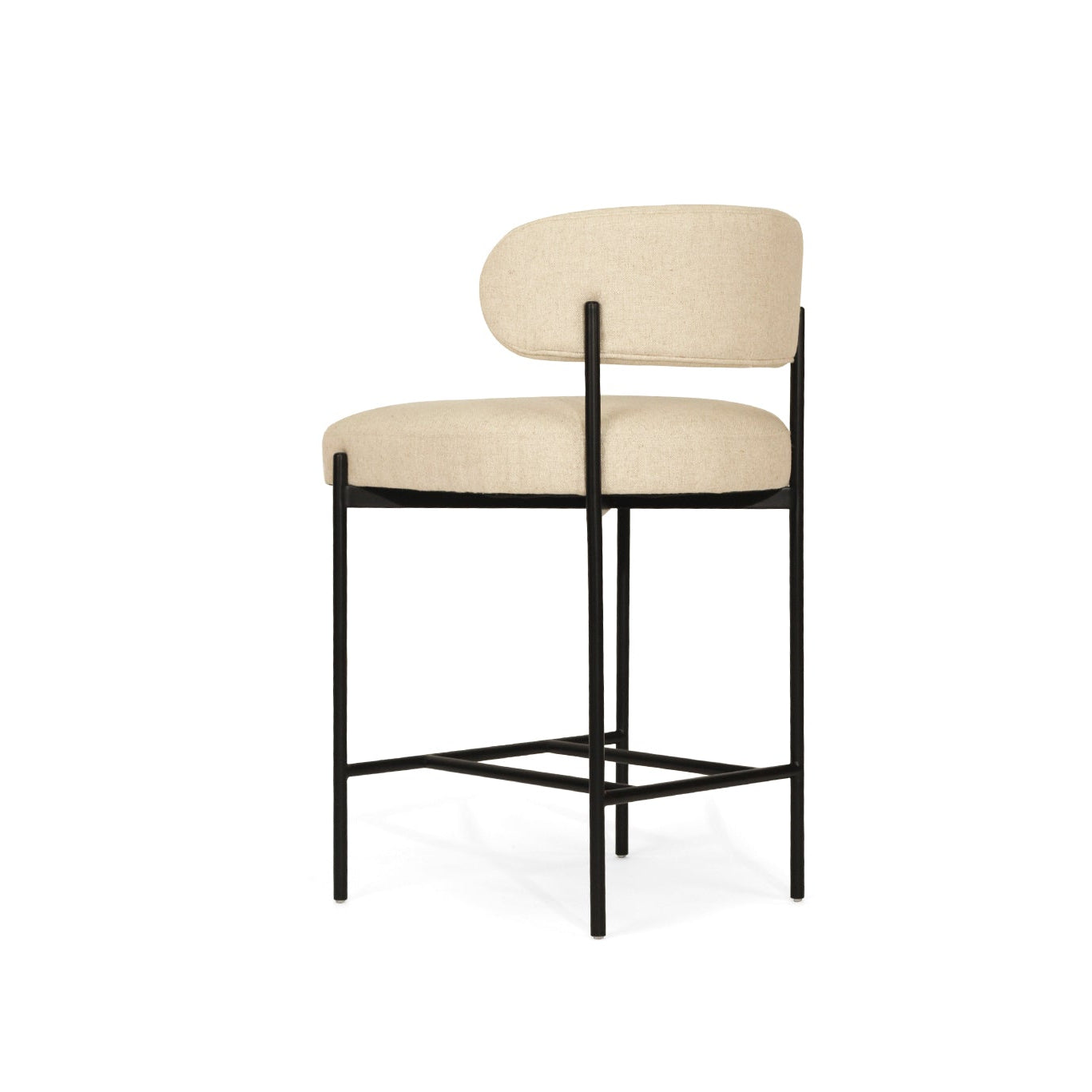 Fontaine Counter Stool with half-moon curved back and metal legs, upholstered in performance linen, modern Art Deco inspired counter stool for elegant interiors.  Back view.