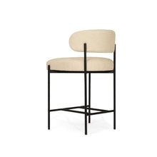 Load image into Gallery viewer, Fontaine Counter Stool with half-moon curved back and metal legs, upholstered in performance linen, modern Art Deco inspired counter stool for elegant interiors.  Back view.