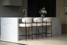 Load image into Gallery viewer, Fontaine Counter Stool with half-moon curved back and metal legs, upholstered in performance linen, modern Art Deco inspired counter stool for elegant interiors.  Modern kitchen living.