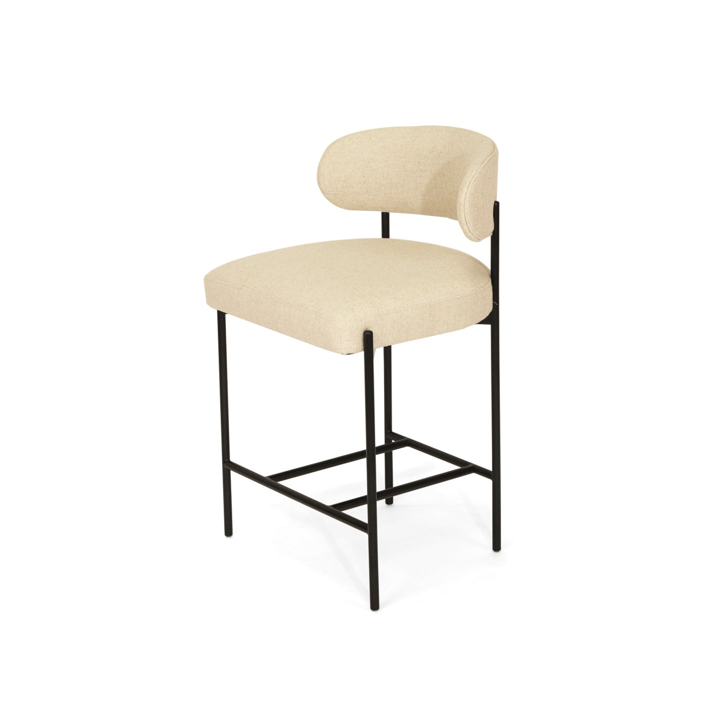Fontaine Counter Stool with half-moon curved back and metal legs, upholstered in performance linen, modern Art Deco inspired counter stool for elegant interiors.  Side view.