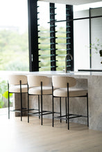 Load image into Gallery viewer, Fontaine Counter Stool with half-moon curved back and metal legs, upholstered in performance linen, modern Art Deco inspired counter stool for elegant interiors.  Modern elegance.