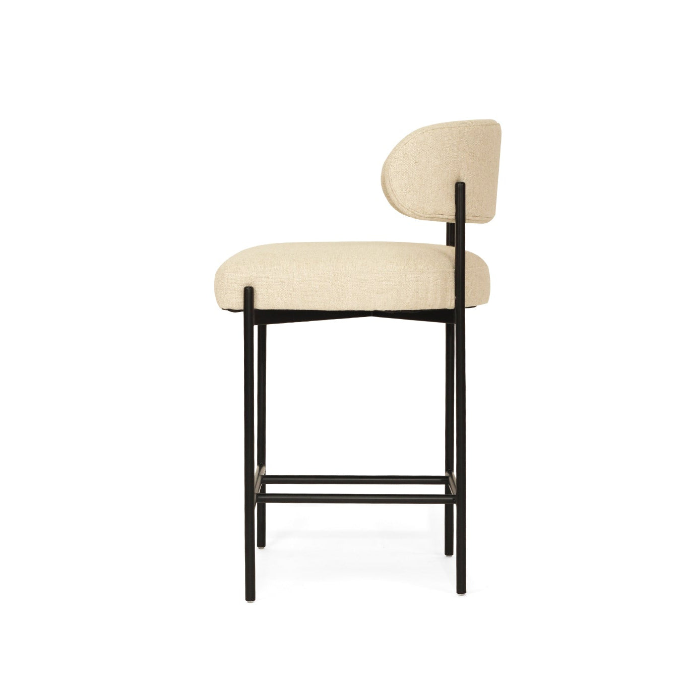 Fontaine Counter Stool with half-moon curved back and metal legs, upholstered in performance linen, modern Art Deco inspired counter stool for elegant interiors. Side perspective.