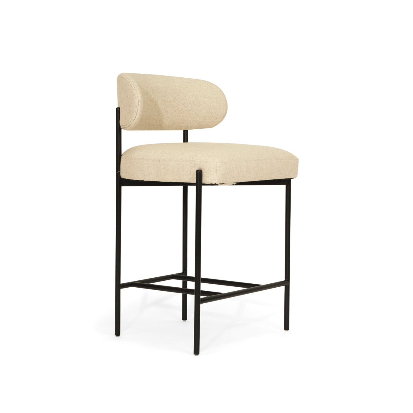 Fontaine Counter Stool with half-moon curved back and metal legs, upholstered in performance linen, modern Art Deco inspired counter stool for elegant interiors.