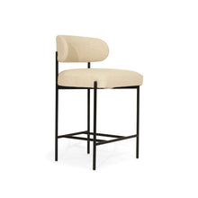 Load image into Gallery viewer, Fontaine Counter Stool with half-moon curved back and metal legs, upholstered in performance linen, modern Art Deco inspired counter stool for elegant interiors.