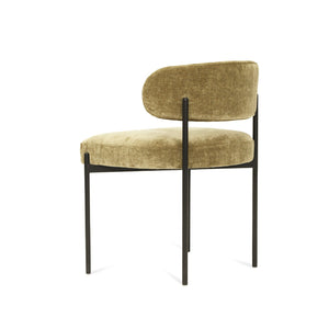 Fontaine Dining Chair with half-moon curved back and metal legs, upholstered in performance ivy velvet, modern Art Deco inspired dining chair for elegant interiors. Back perspective. Magnolia Lane.