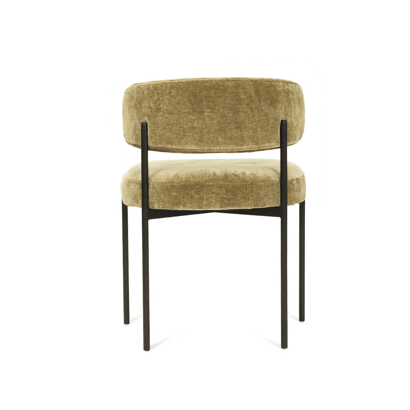 Fontaine Dining Chair with half-moon curved back and metal legs, upholstered in performance ivy velvet, modern Art Deco inspired dining chair for elegant interiors. Back Perspective.