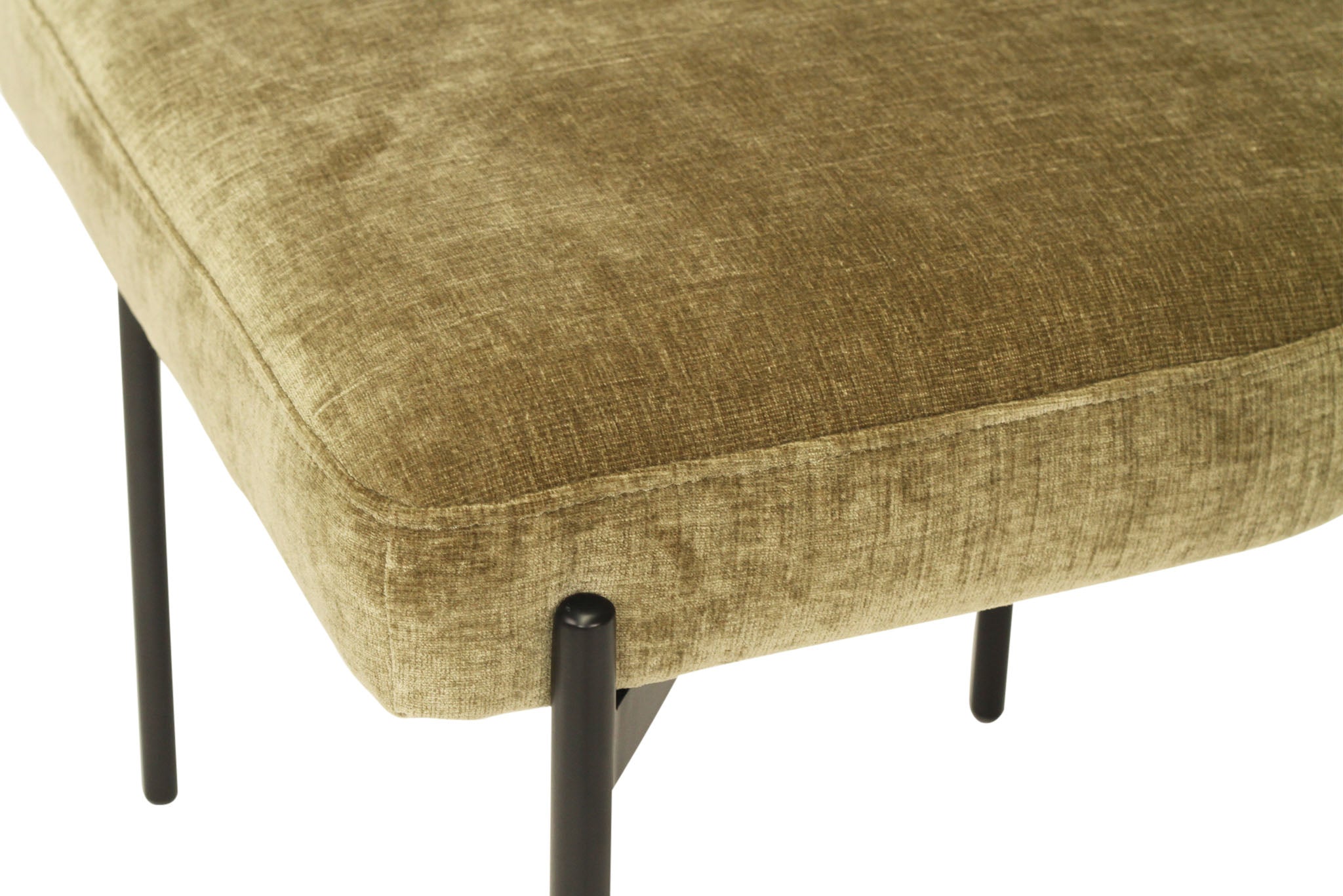 Fontaine Dining Chair with half-moon curved back and metal legs, upholstered in performance ivy velvet, modern Art Deco inspired dining chair for elegant interiors. Close up seat.