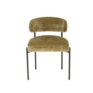 Fontaine Dining Chair with half-moon curved back and metal legs, upholstered in performance ivy velvet, modern Art Deco inspired dining chair for elegant interiors. Front perspective. Magnolia Lane.