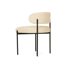 Load image into Gallery viewer, Fontaine Dining Chair with half-moon curved back and metal legs, upholstered in neutral performance linen, modern Art Deco inspired dining chair for elegant interiors.  Back angle perspective.
