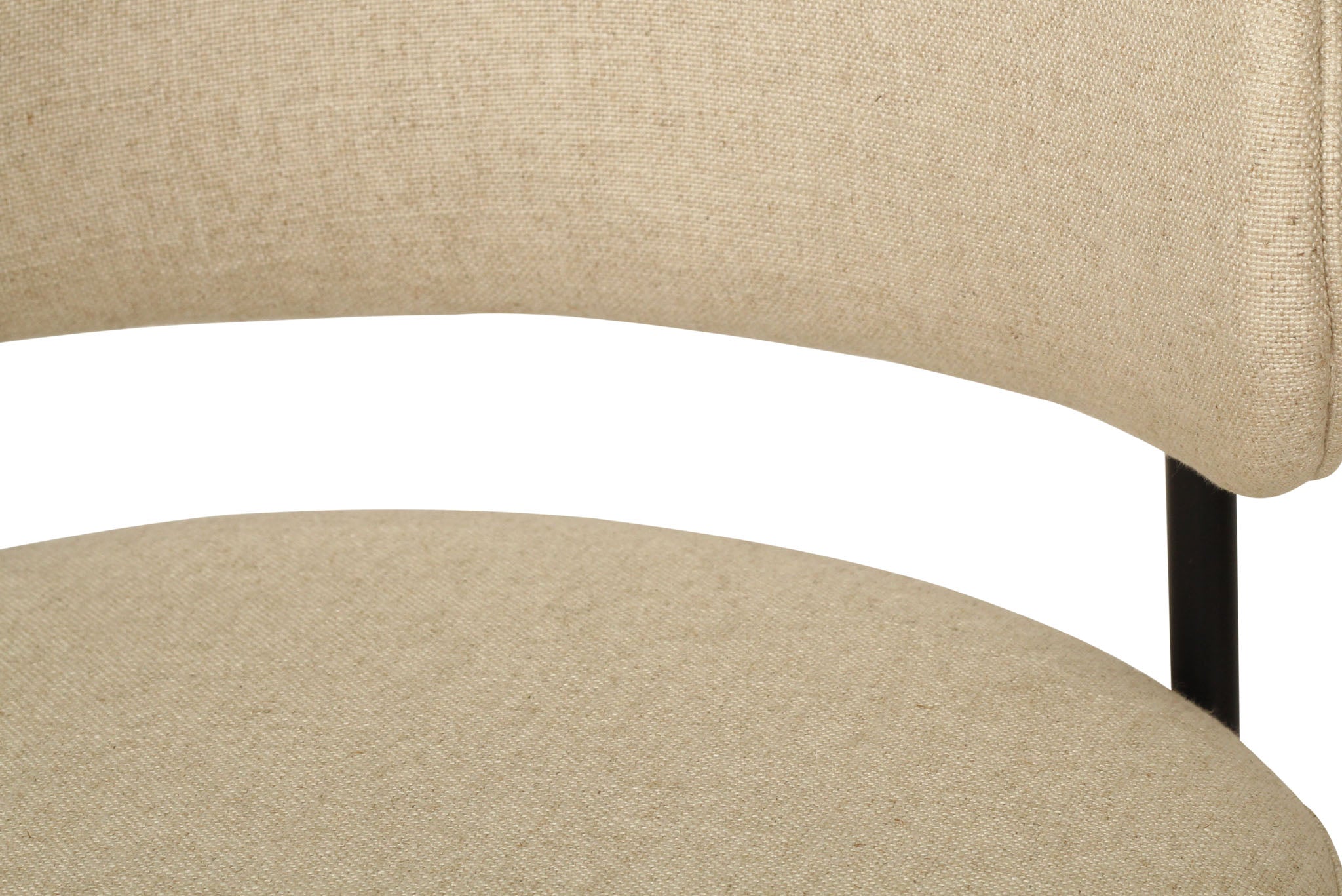 Fontaine Dining Chair with half-moon curved back and metal legs, upholstered in neutral performance linen, modern Art Deco inspired dining chair for elegant interiors.  Close up.