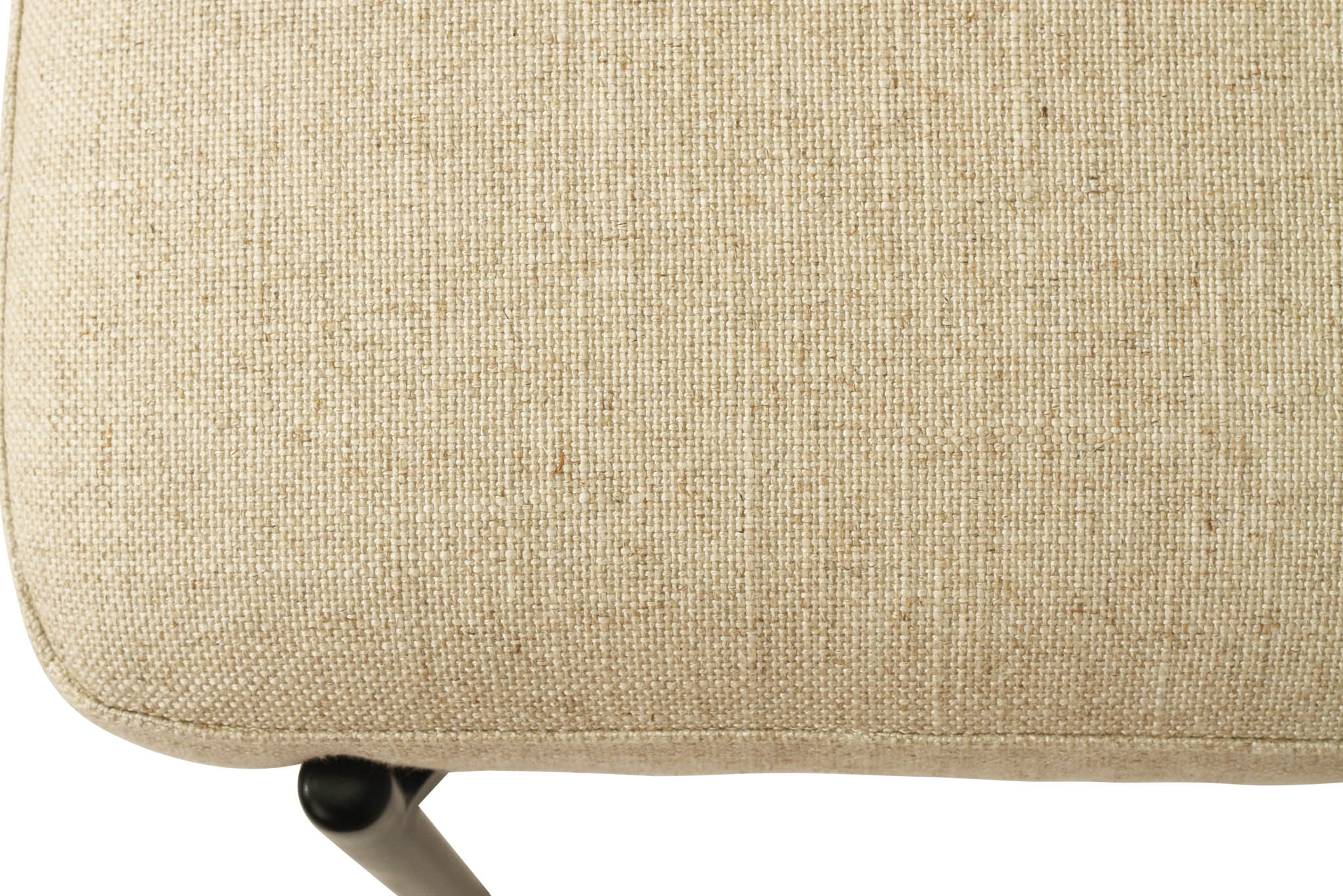 Fontaine Dining Chair with half-moon curved back and metal legs, upholstered in neutral performance linen, modern Art Deco inspired dining chair for elegant interiors.  Close up 2.