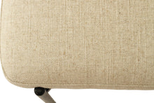Load image into Gallery viewer, Fontaine Dining Chair with half-moon curved back and metal legs, upholstered in neutral performance linen, modern Art Deco inspired dining chair for elegant interiors.  Close up 2.