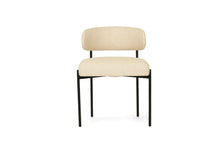 Load image into Gallery viewer, Fontaine Dining Chair with half-moon curved back and metal legs, upholstered in neutral performance linen, modern Art Deco inspired dining chair for elegant interiors.  Front perspective.