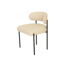 Load image into Gallery viewer, Fontaine Dining Chair with half-moon curved back and metal legs, upholstered in neutral performance linen, modern Art Deco inspired dining chair for elegant interiors.  Side angle perspective.