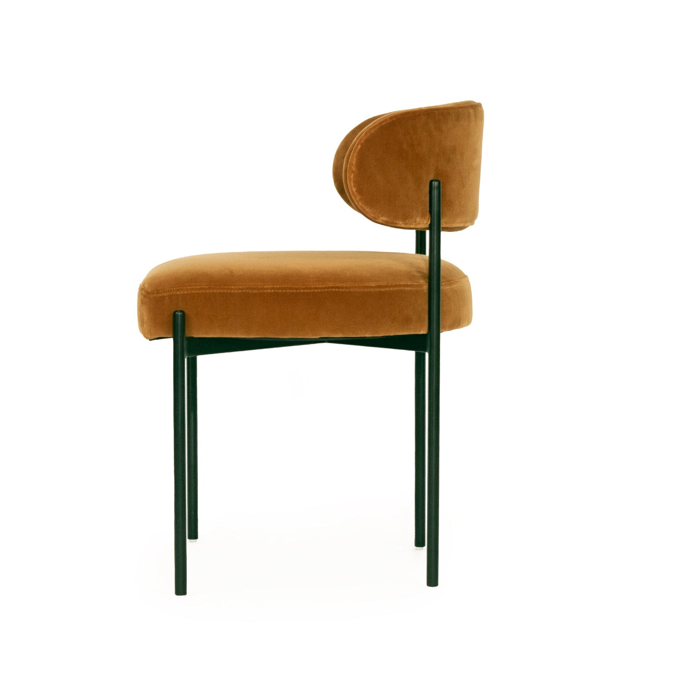 Fontaine Dining Chair with half-moon curved back and metal legs, upholstered in performance amber velvet, modern Art Deco inspired dining chair for elegant interiors. Side perspective.