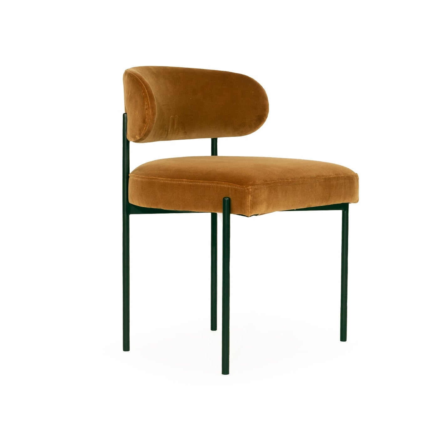 Fontaine Dining Chair with half-moon curved back and metal legs, upholstered in performance amber velvet, modern Art Deco inspired dining chair for elegant interiors.