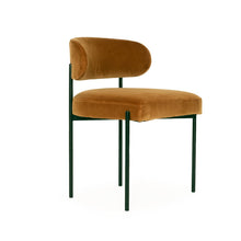 Load image into Gallery viewer, Fontaine Dining Chair with half-moon curved back and metal legs, upholstered in performance amber velvet, modern Art Deco inspired dining chair for elegant interiors.