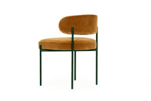 Load image into Gallery viewer, Fontaine Dining Chair with half-moon curved back and metal legs, upholstered in performance amber velvet, modern Art Deco inspired dining chair for elegant interiors. Back view.